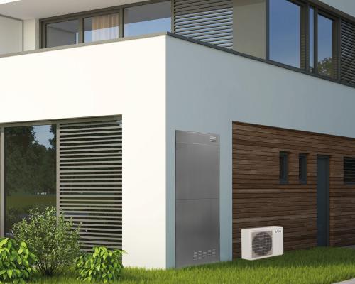 Edificio moderno con unità esterna di climatizzazione.