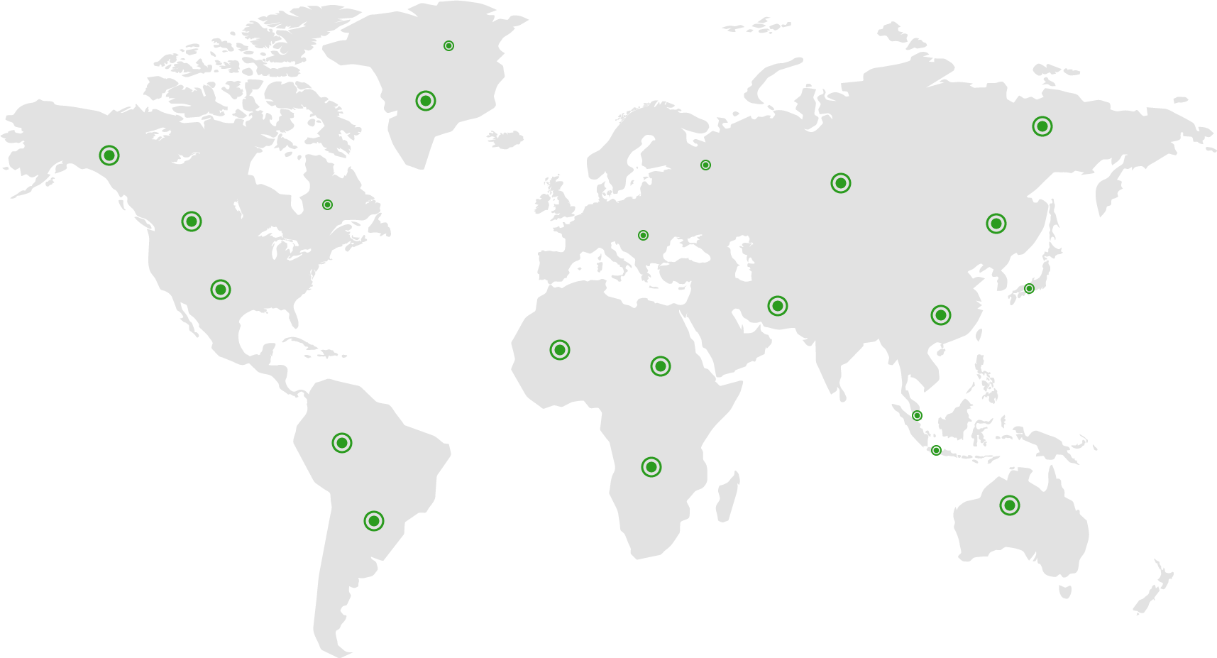 Mappa del mondo con punti verdi evidenziati.
