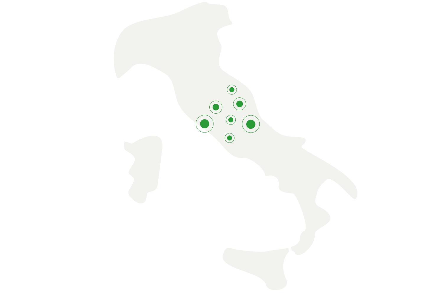 Mappa stilizzata dell'Italia con cerchi verdi centrali.
