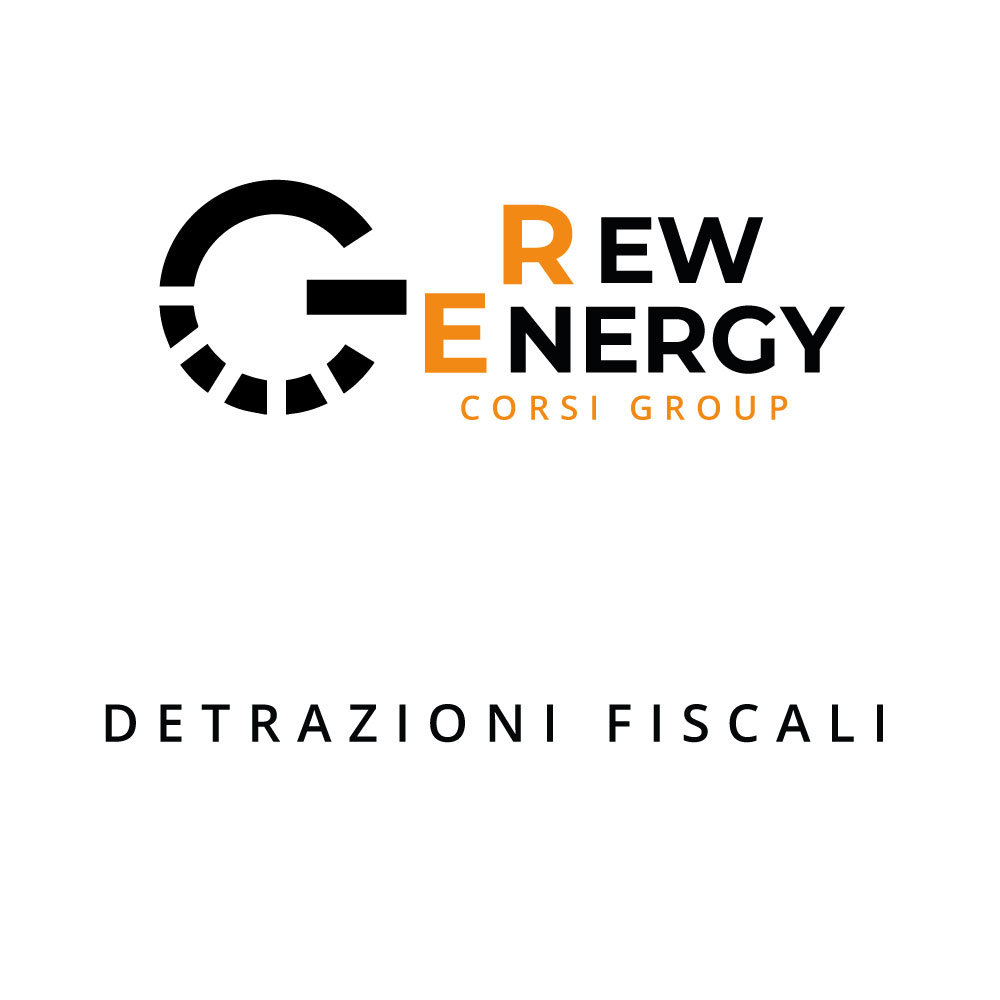 Logo "Rew Energy Corsi Group" con testo "Detrazioni Fiscali".