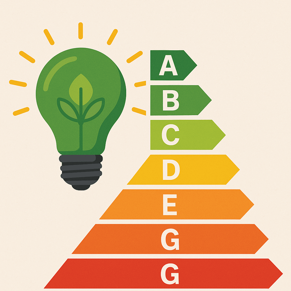 Lampadina verde e scala efficienza energetica colorata.